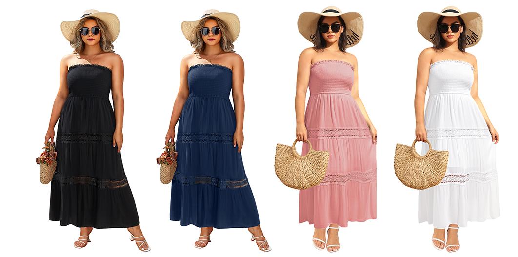 Women's Summer Maxi Dress Plus Size Strapless Tube Top Casual Beach Boho Smocked Long Flowy Sundress