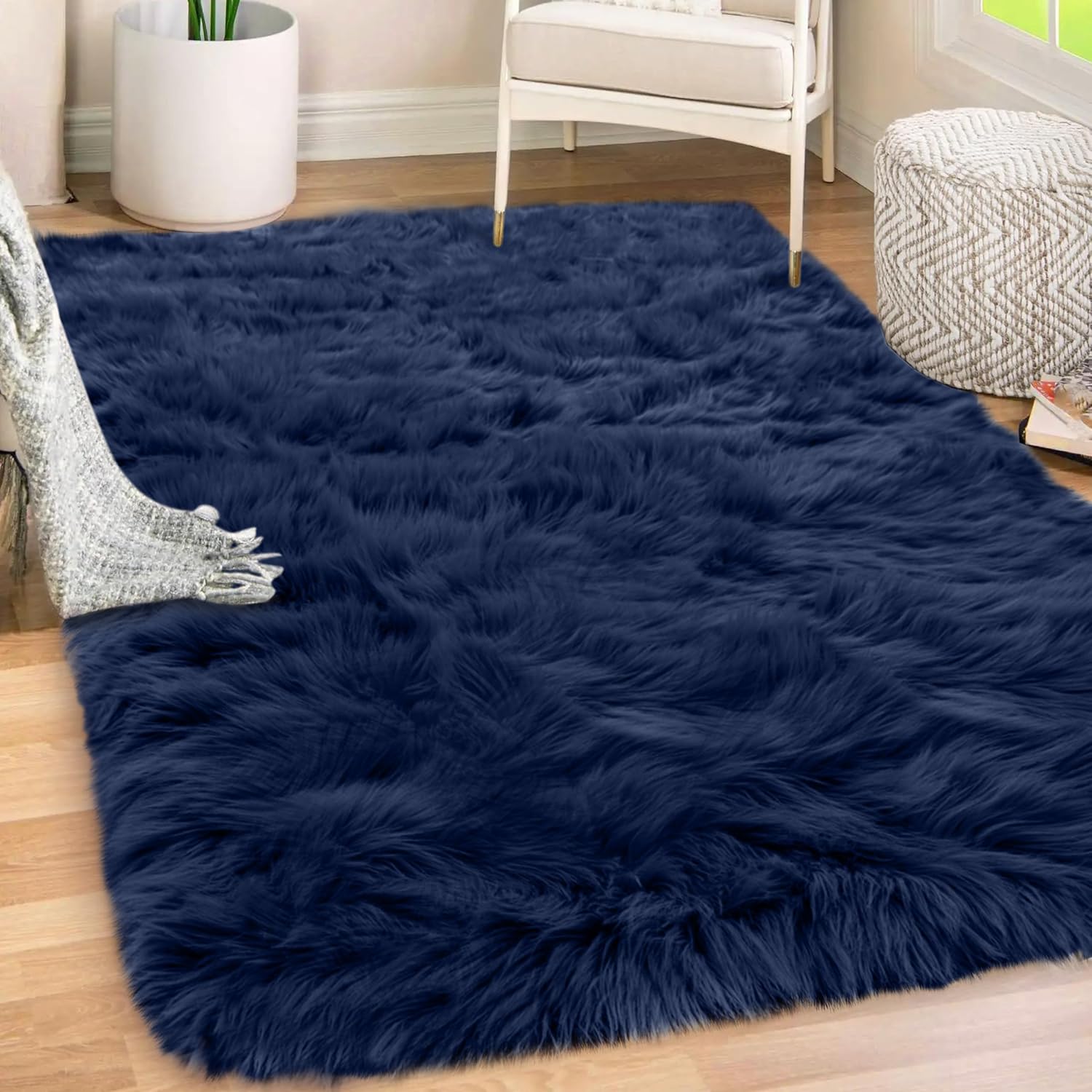 Gorilla Grip Fluffy Faux Fur Rug, 4x6, Machine Washable Soft Furry Area Rugs, Rubber Backing, Plush Floor Carpets for Baby Nursery, Bedroom, Living Room Shag Carpet, Luxury Home Decor, Navy