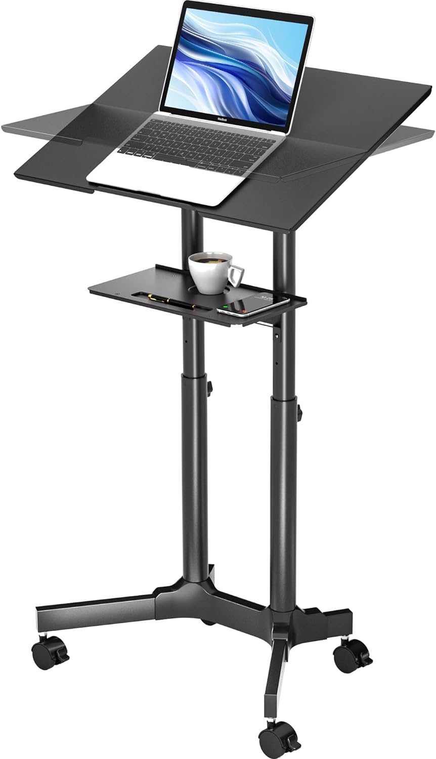 BONTEC Lecterns & Podiums Portable Mobile Standing Laptop Desk, Sit Stand Desk, Height Adjustable Home Office Classroom Pulpit Stand Up Desk Workstation, Rolling Table Laptop Cart with Storage Tray