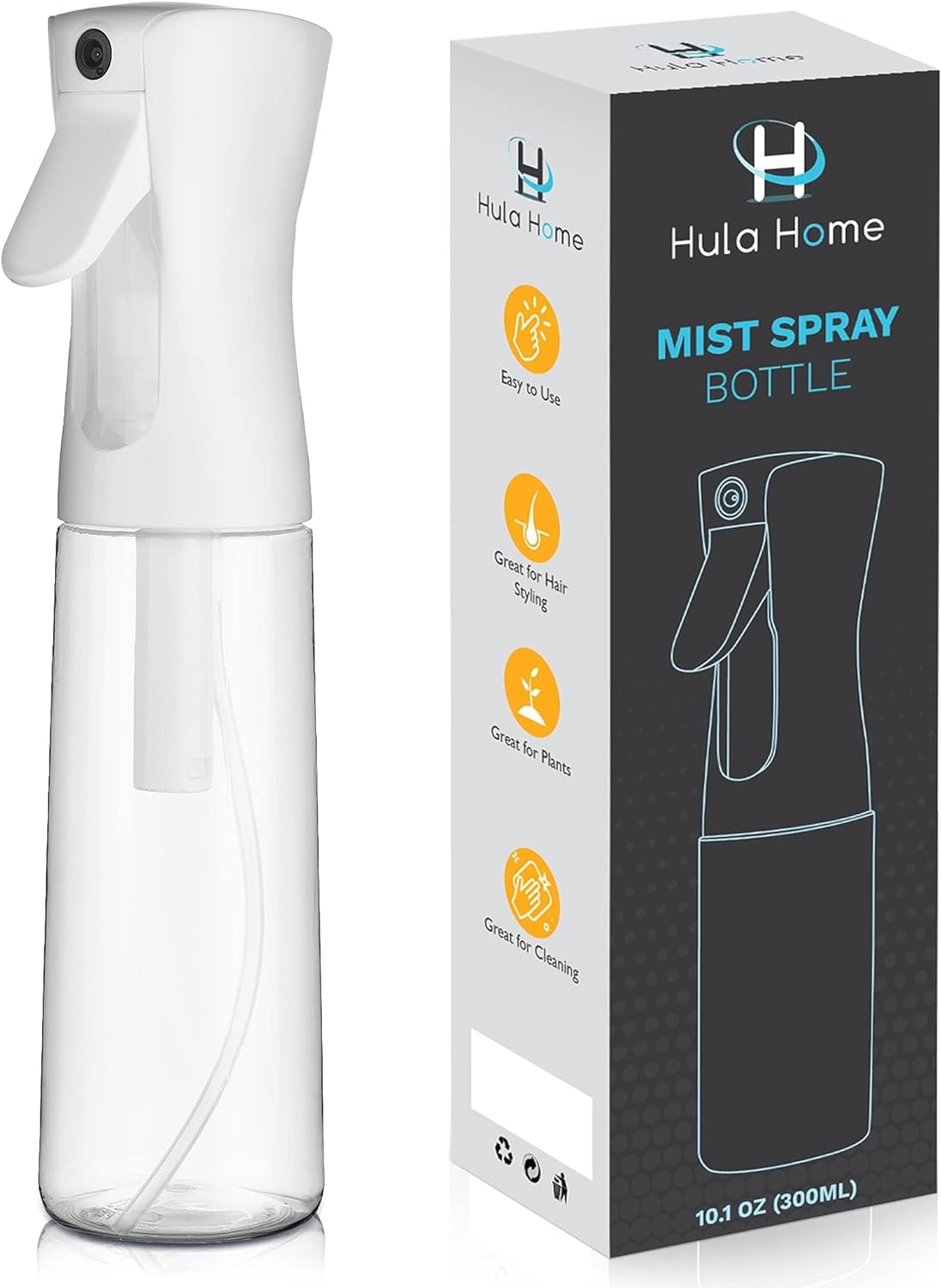 Hula Home Spray Bottle for Hair (10.1oz/300ml) - Continuous Empty Ultra Fine Plastic Water Mist Sprayer  For Hairstyling, Cleaning, Salons, Plants, Essential Oil Scents & More - White