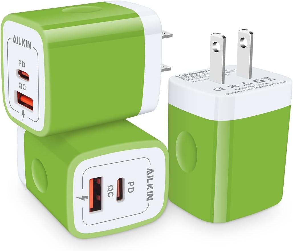 3Pieces C Charger Block, AILKIN 20W PD   QC3.0 USB-C Wall Charger Dual Port Box Cube for iPhone, Samsung Galaxy, Motorola, LG, Google Pixel, Super Fast Charging USBC Brick Plug Power Adapter-Green