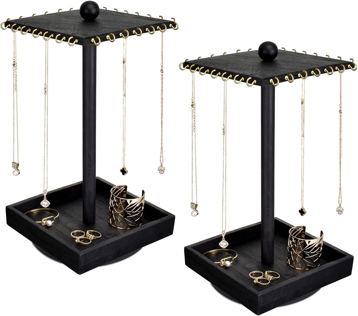 Ikee Design 2 Pcs Set Wooden Rotating Jewelry Display Stand Tower for Shows,Jewelry Organizer for Necklace and Bracelet, Rotating Necklace and Bracelet Holder Organizer, Black Color