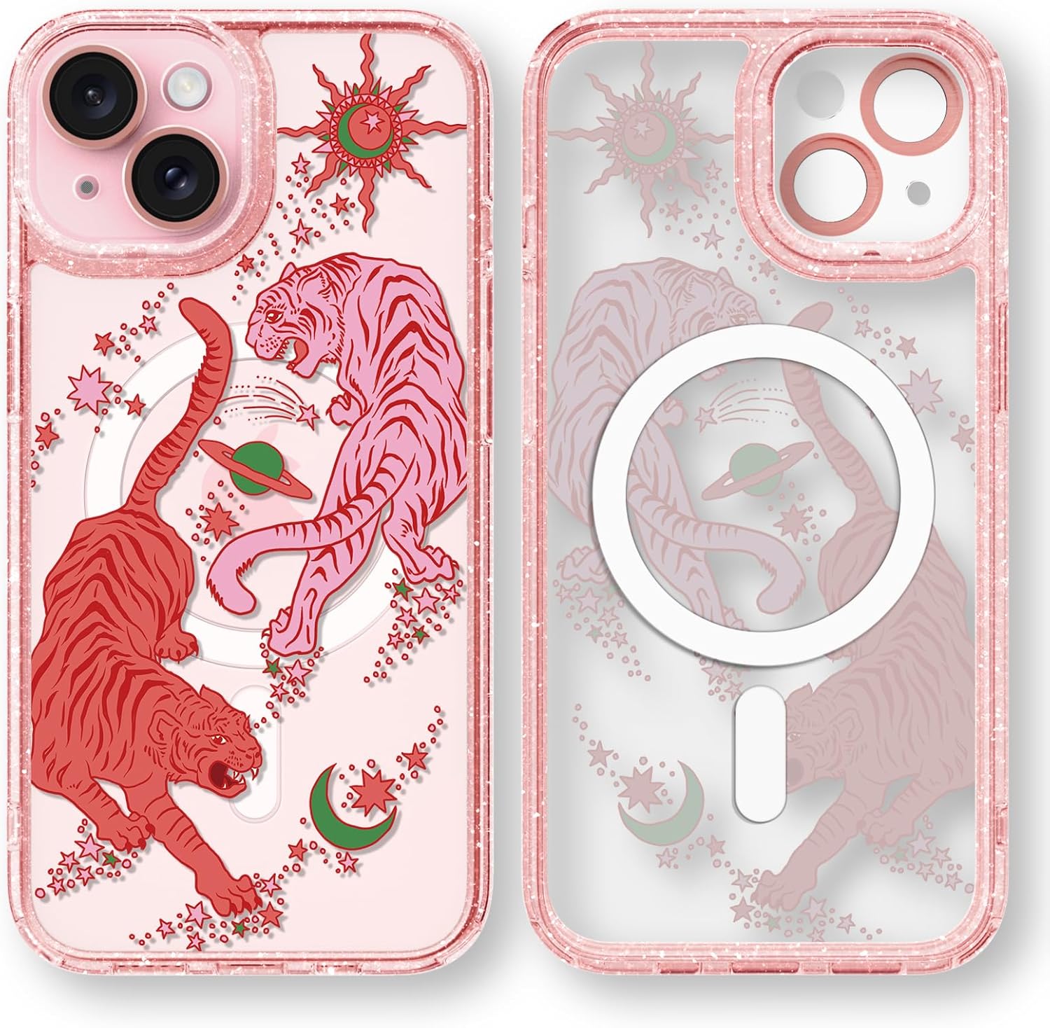 Magnetic for iPhone 15 Magsafe Case Cute Aesthetic - Glitter Pink Phone Case with Camera Protector - Girly Tiger Pattern Print Cover Design for Woman Girl 6.1