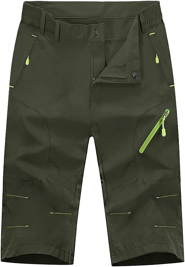 CRYSULLY Men's Hiking Capri Pants Quick Dry Outdoor 3/4 Cargo Shorts Below Knee