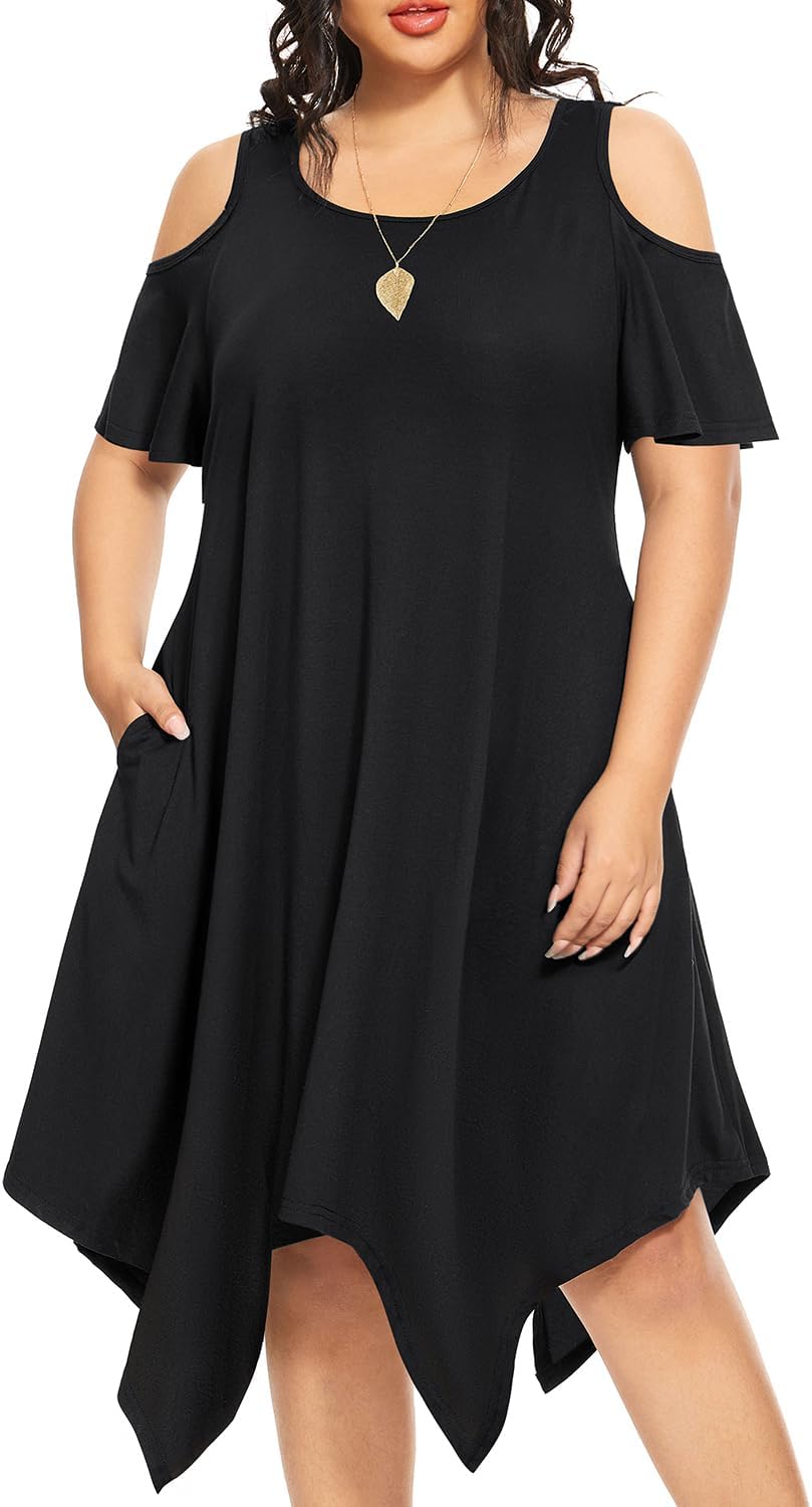 Pinup Fashion Women' Plus Size Cold Shoulder Dress Sundress Casual Swing Ruffle Sleeve Dress with Pockets