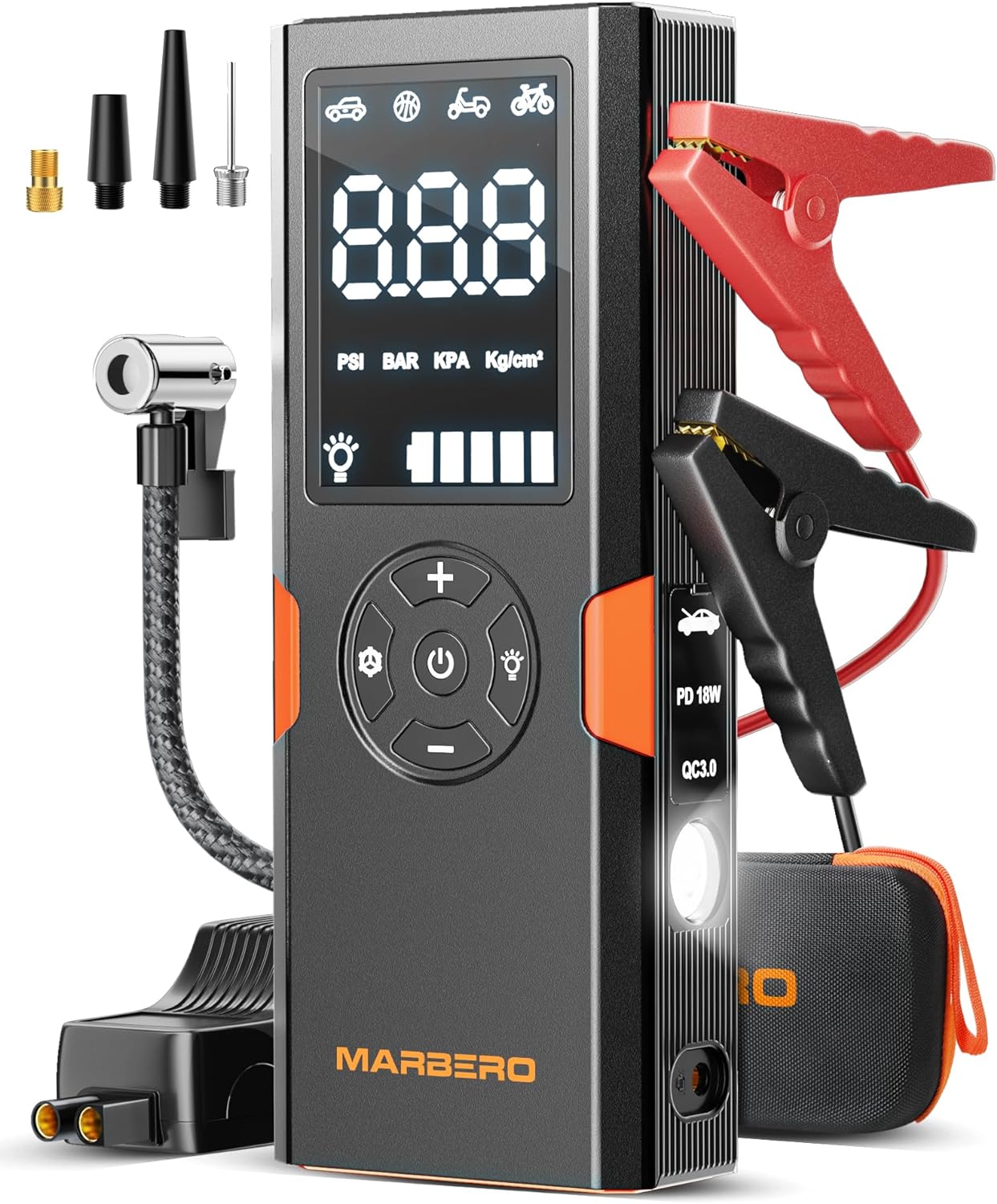 Portable Car Jump Starter with Air Compressor 4000A 12V MARBERO Portable Car Battery Booster Pack 10L Gas/8L Diesel 150PSI Auto Off Tire Inflator Jump Box with Digital Screen, Flashlight, Power Bank