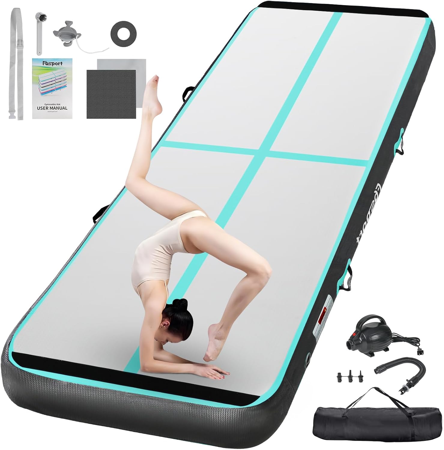 FBSPORT Inflatable Air Gymnastics Mat Training Mats 4/8 inches Thickness Gymnastics Tracks for Home Use/Training/Cheerleading/Yoga/Water with Pump