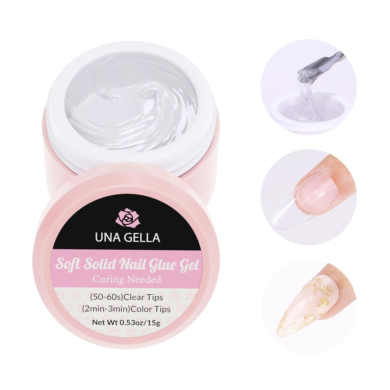 UNA GELLA Solid Nail Glue, Strong Adhesive Solid Nail Glue Gel for Press On Nails Tips 15g - Hard Gel x Nail Extension Glue for Clear Acrylic Fake Nails Home Salon, U V Curing Needed