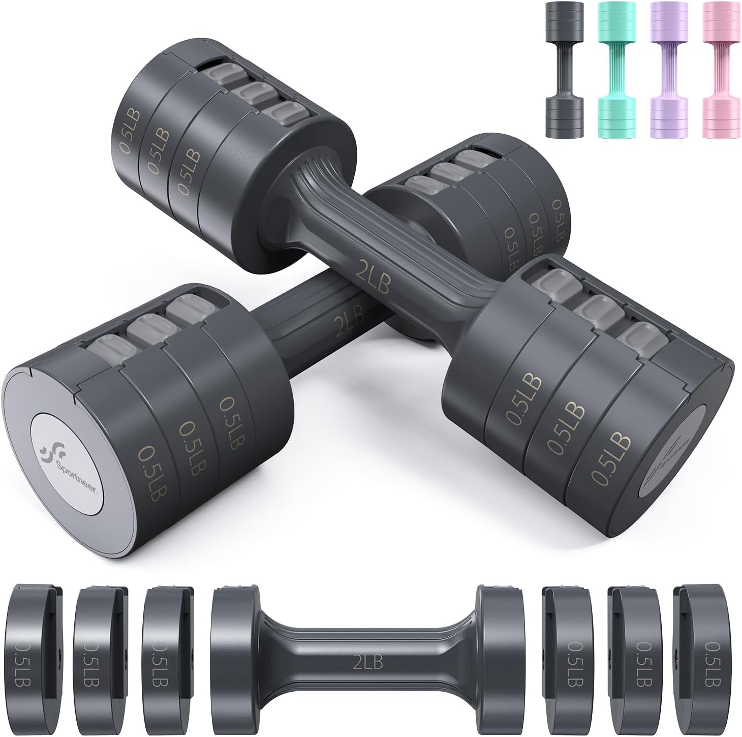 Adjustable Dumbbells Hand Weights Set: Sportneer 1 Pair 4 6 8 10lb (2-5lb Each) Free Weights Fast Adjust Dumbbell Weight Set of 2 for Women Men Home Gym Workout Strength Training Equipments