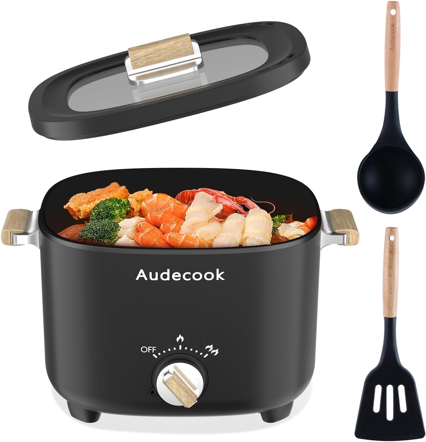 Audecook Hot Pot Electric, 2.5L Portable Nonstick Multicooker for 1-3 Persons, Honeycomb Texture Travel Electric Skillet with Dual Power Temperature Control for Steak/Egg/Noodles/Oatmeal (Black)