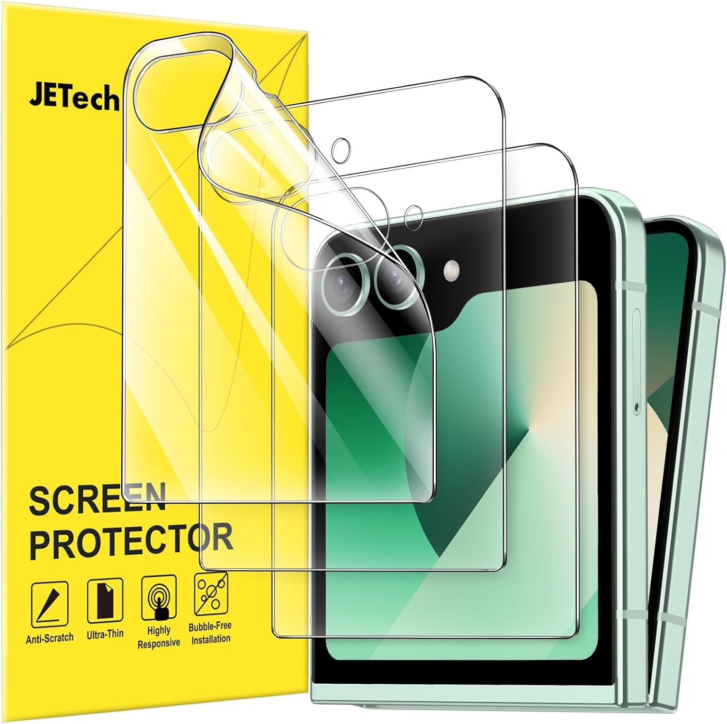 JETech Front Screen Protector for Samsung Galaxy Z Flip 6, Full Coverage PET Film, Case Friendly, HD Clear, 3-Pack