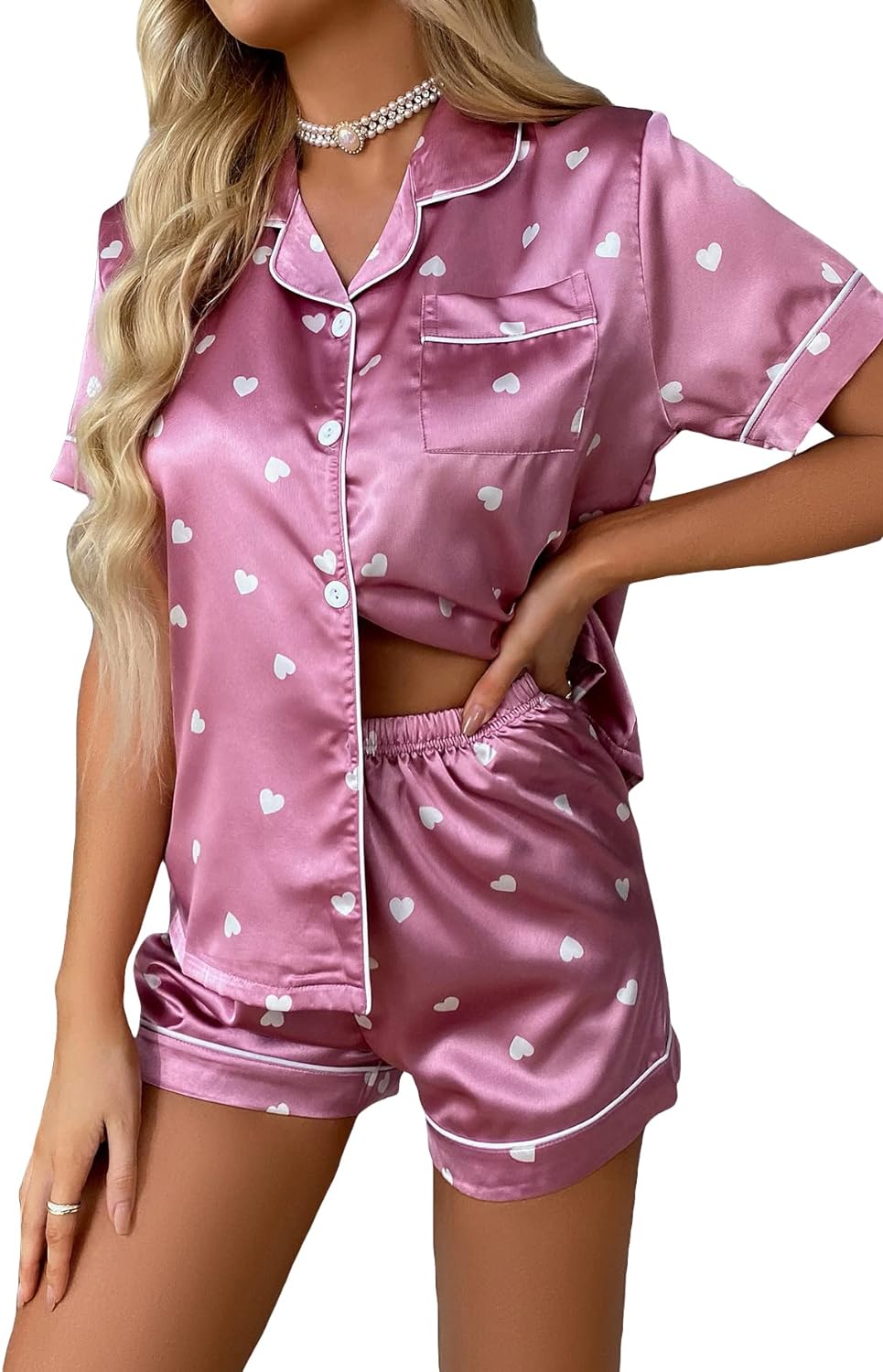 WDIRARA Women' Sleepwear Satin Short Sleeve Button Shirt and Shorts Pajama Set