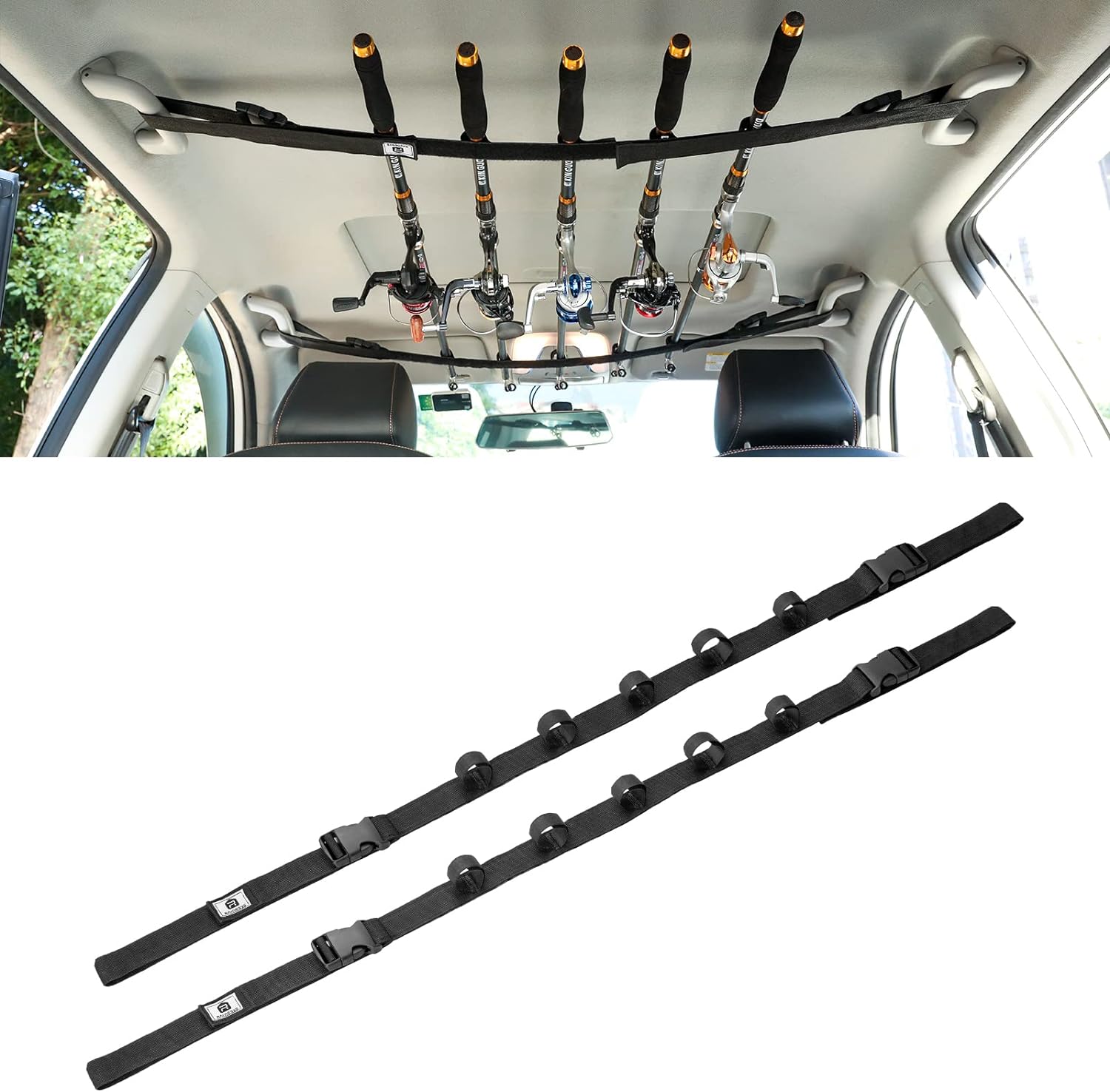 Vehicle Fishing Rod Holder, Car Fishing Pole Roof Rack Inside, 5 Rod Capacity, Heavy Duty Adjustable 30-54 Inch, Fishing Rod Carrier Fishing Pole Storage Straps for Truck Car SUV Wagons Van