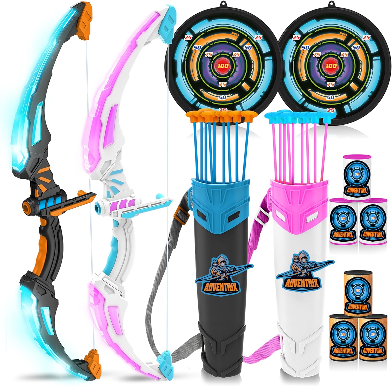 JOYIN+2+Pack+Bow+and+Arrow+Archery+Toy+Set+for+Kids%2c+Light+Up+Archery+Play+Set+with+2+Bows%2c+18+Suction+Cups+Arrows%2c+8+Targets%2c+and+2+Arrow+Cases+(Black+White)