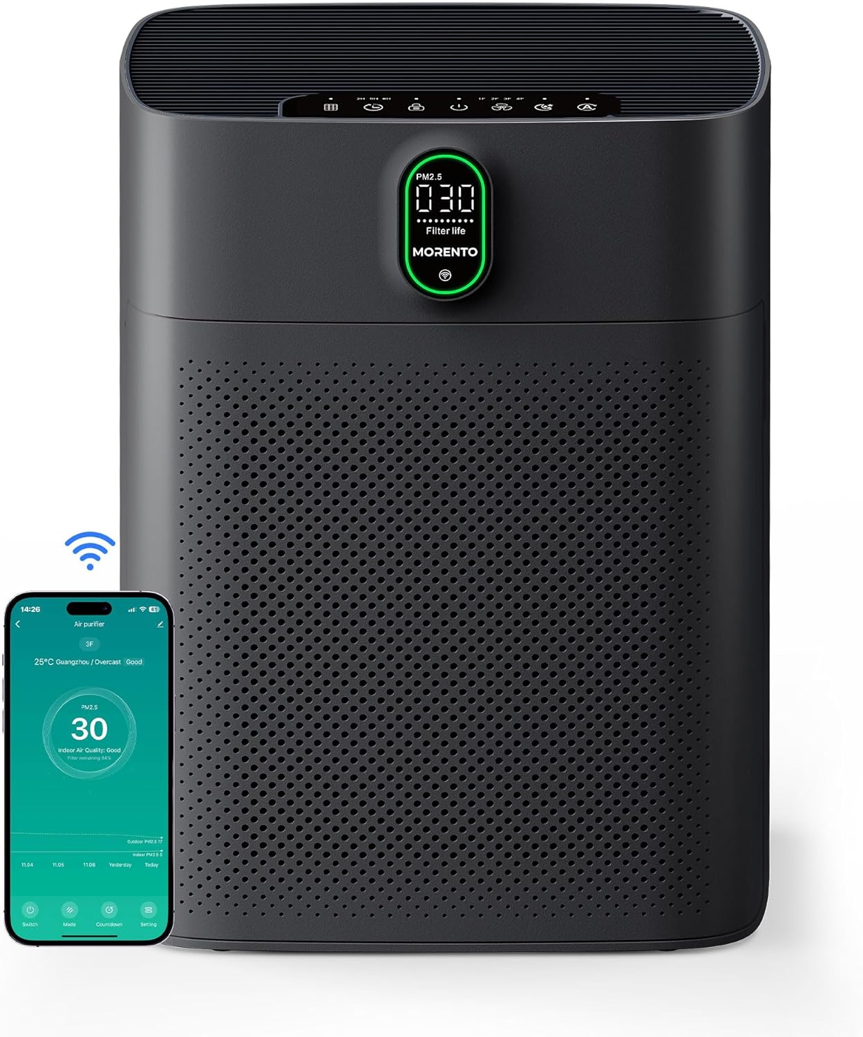 MORENTO Smart Air Purifier for home Large Rooms up to 1076 ft, Wi-Fi and Alexa compatible, PM2.5 Air Quality Display, Auto Mode, Quiet Mode 24dB, HEPA Filter Removes Dust, Pollen, Smoke (Black)