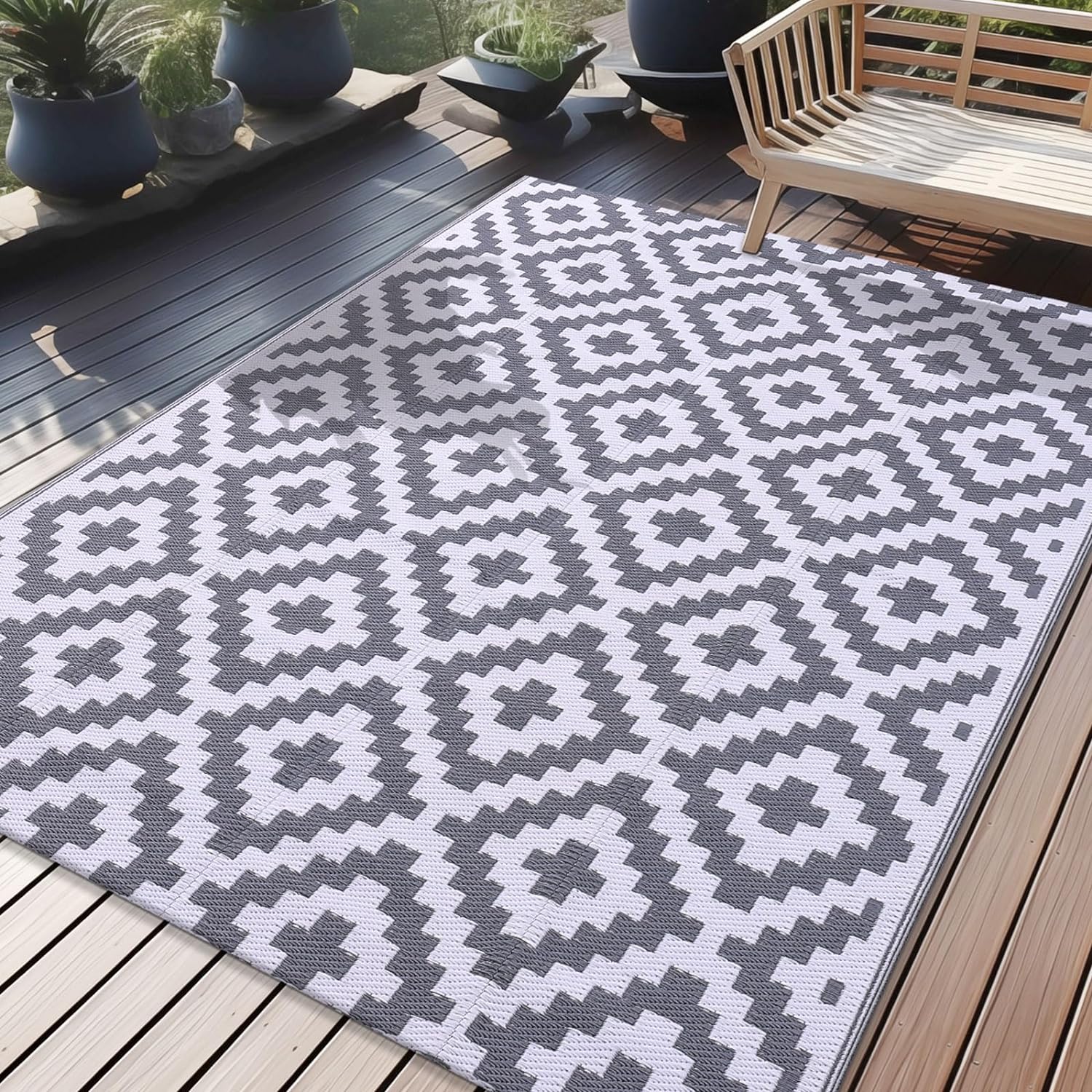 OLANLY Waterproof Outdoor Rug 5x8 ft, Reversible Plastic Straw Patio Rug for Camping, RV Mat Outside, Indoor Outdoor Carpet for Porch, Deck, Backyard, Camper, Balcony, Picnic, Grey & White