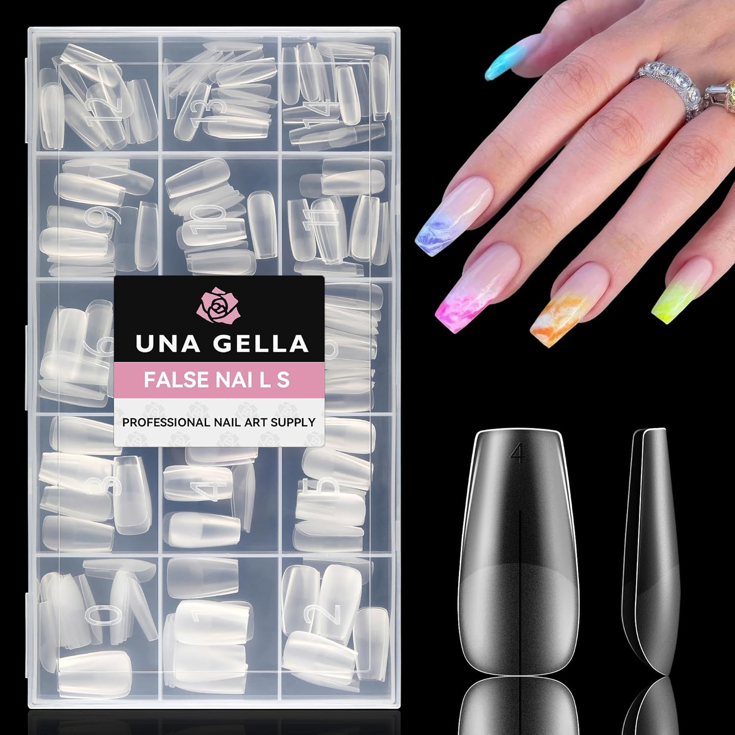 UNA GELLA Coffin Nail Tips Pre-buff Soft Gel X Nail Tips Matte Medium Coffin False Nails Tips Acrylic Full Cover 504Pcs 15Sizes Gelly Press On Nails Fake Nail Tips for Nail Extension DIY Salon