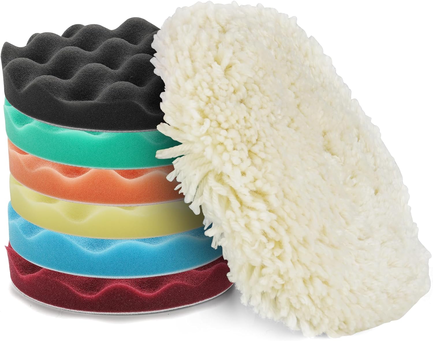 Buffing Pads, 7 PCS Polishing Pad, 6/7 Inch Wool and Sponge Foam Polish Pads for Body Repair