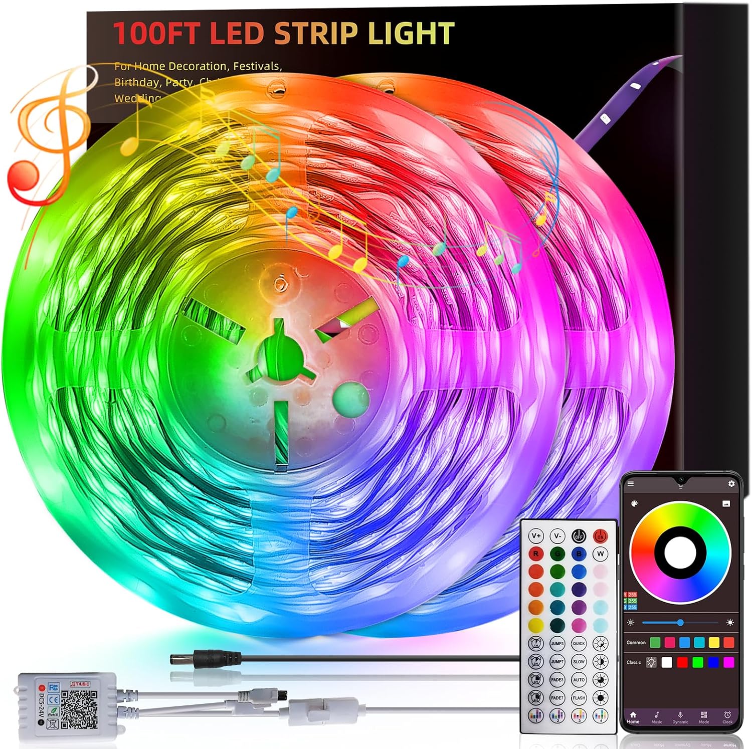 100ft Led Lights For Bedroom (2 Rolls of 50ft), Led Strip Lights Music Sync Corlor Changing, Led Light Strip With Remote & App Control Rgb Strip, Led Lights For Room Dorm Home Classroom Ceiling Decor