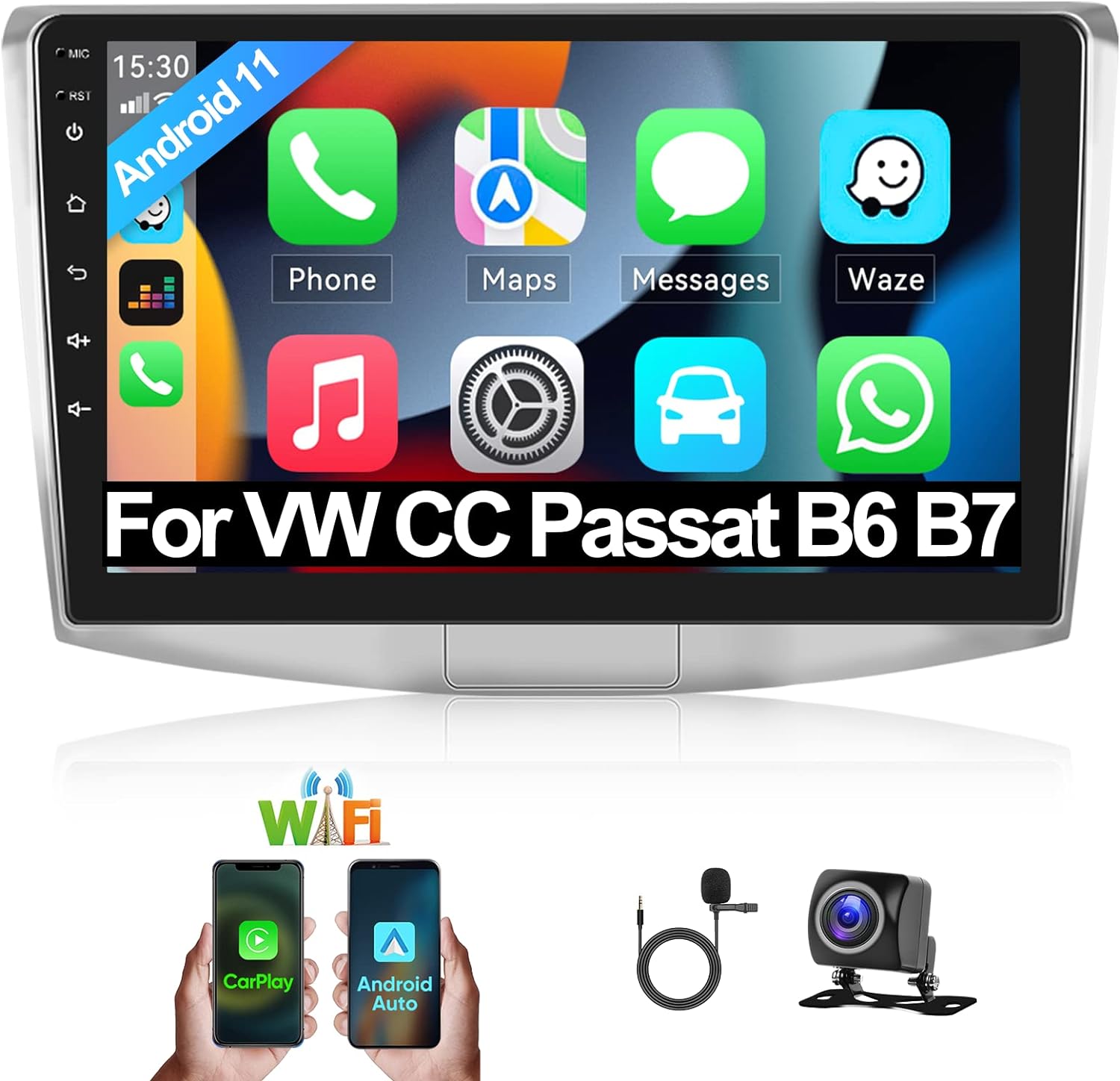 Android 11.0 Car Radio Stereo with Wireless CarPlay Android Auto for VW Passat B6 B7 CC 2010-2015, 10.1 Inch Touch Screen Head Unit with GPS Navigation Bluetooth HiFi FM RDS Auto Radio   Backup Camera