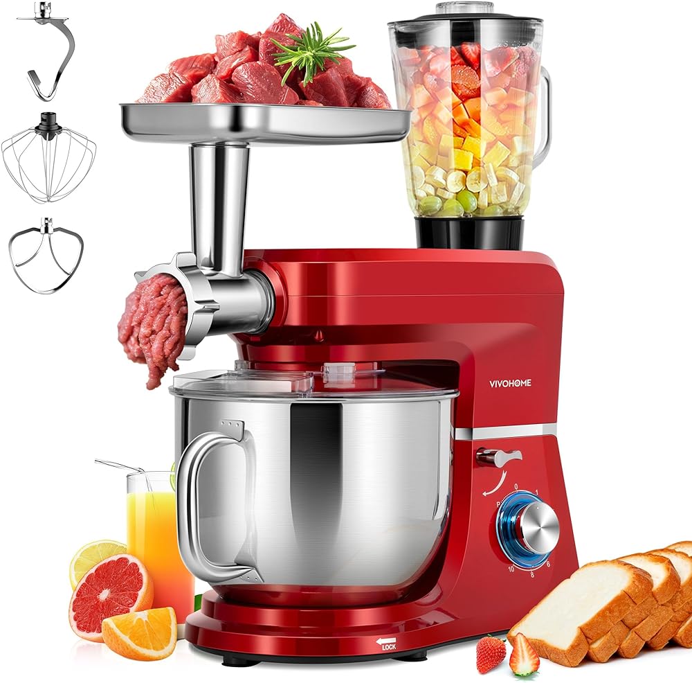 VIVOHOME 6 in 1 Multifunctional Stand Mixer with 8.5 Quart Stainless Steel Bowl, 660W 10 Speed Tilt-Head Meat Grinder, Juice Blender, Vegetable Slicer, Pasta and Cookie Maker, Red