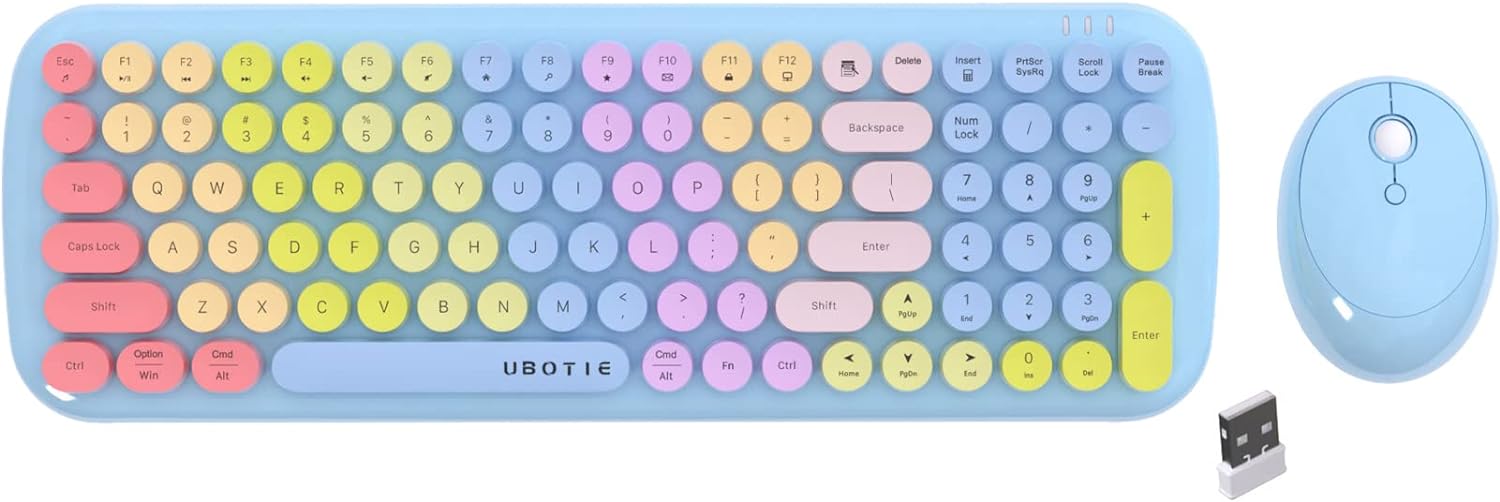 Wireless Keyboards and Mouse Combos, UBOTIE Colorful Gradient Rainbow Colored Retro Typewriter Flexible Keyboard, 2.4GHz Connection and Optical Mouse