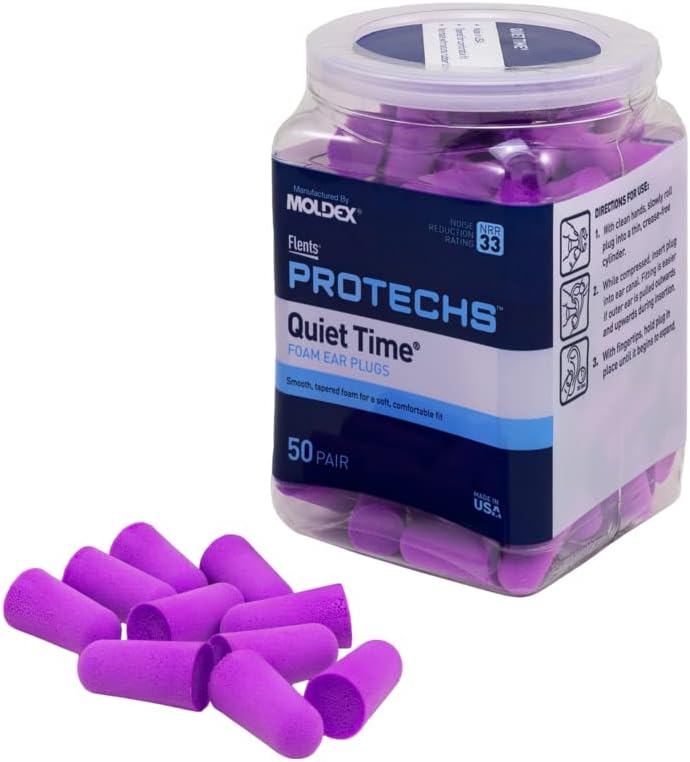 Flents Foam Ear Plugs, 50 Pair for Sleeping, Snoring, Loud Noise, Traveling, Concerts, Construction, & Studying, NRR 33, Purple, Made in the USA