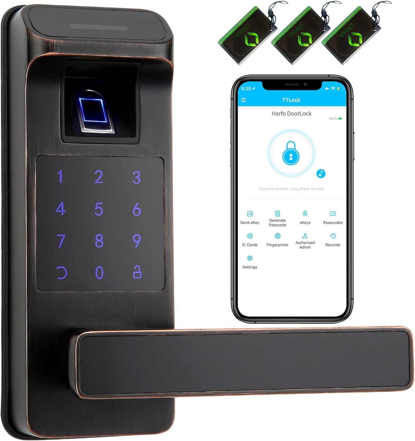 HARFO Fingerprint Door Lock, Heavy Duty, 5 in 1 Keyless Entry, Touchscreen Keypad, Reversible Handle, Aged Bronze