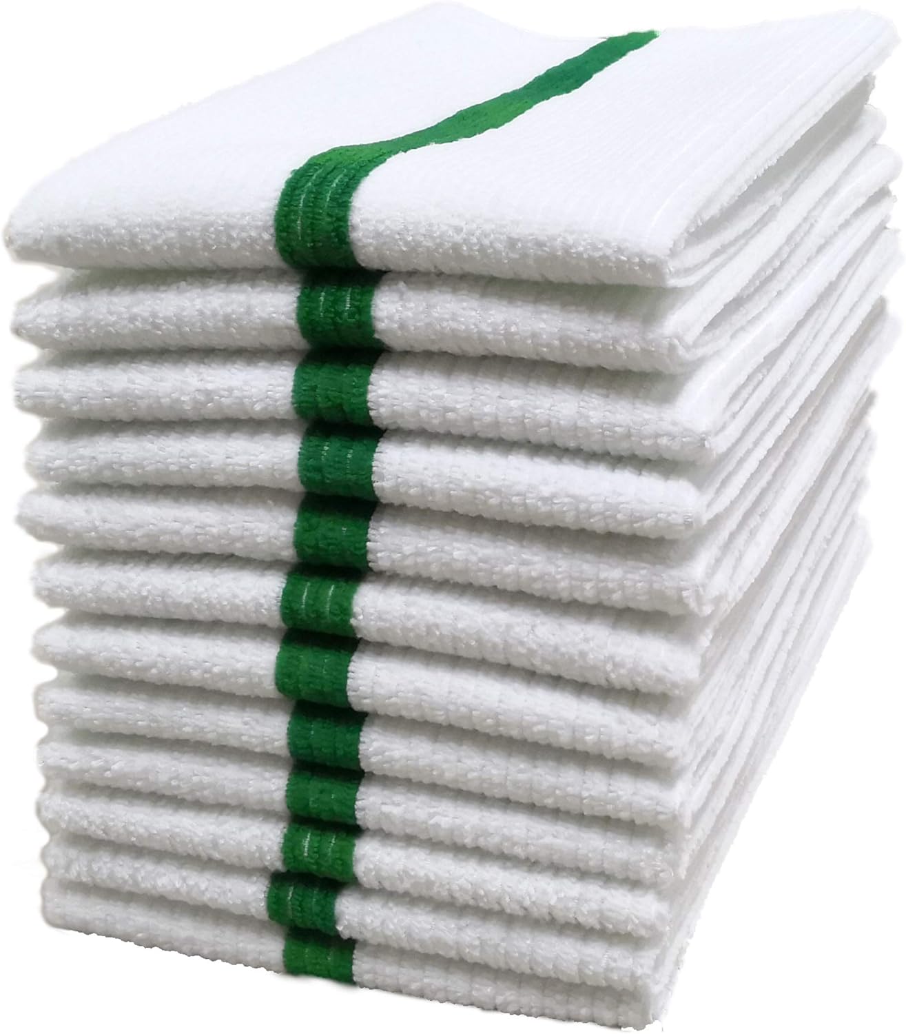 POLYTE Microfiber All-Purpose Ribbed Terry Bar Mop Towel for Home, Kitchen, Restaurant Cleaning (14x17, White w/Green Stripe) 12 Pack