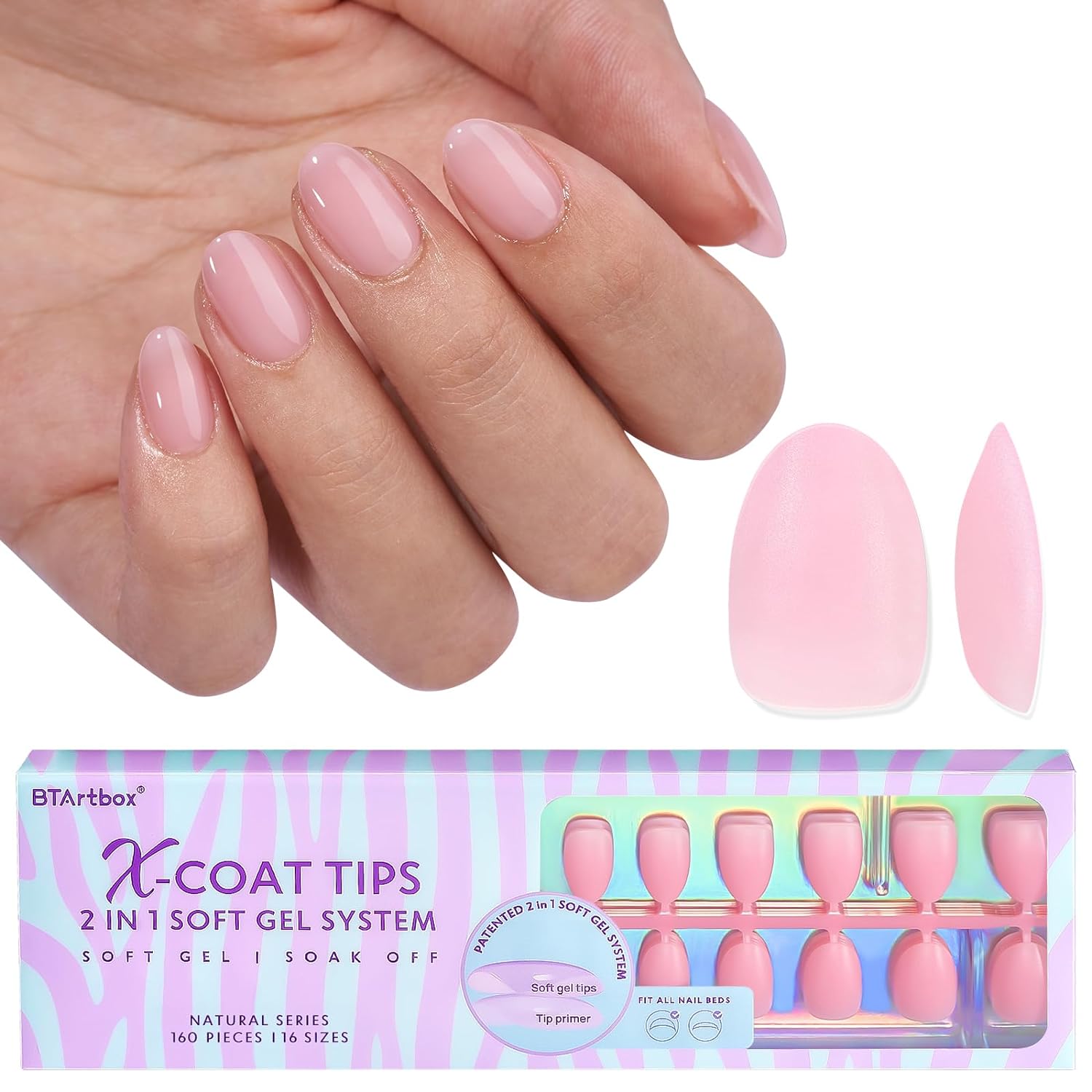 BTArtbox XCOATTIPS Natural Nail Tips - Extra Short Almond Press On Nails Pink, Long Lasting Soft Gel Nails False Nail, Soak Off Acrylic Fake Nails Extensions for Nail Art DIY Summer Gifts