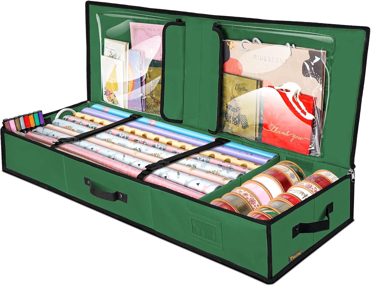 BALEINE Christmas Wrapping Paper Storage Organizer with Flexible Partitions and Pockets, 40 Durable 600D Oxford Fabric Gift Wrap Storage Bag Fits Ribbon, Ornaments, Holiday Accessories (Green)