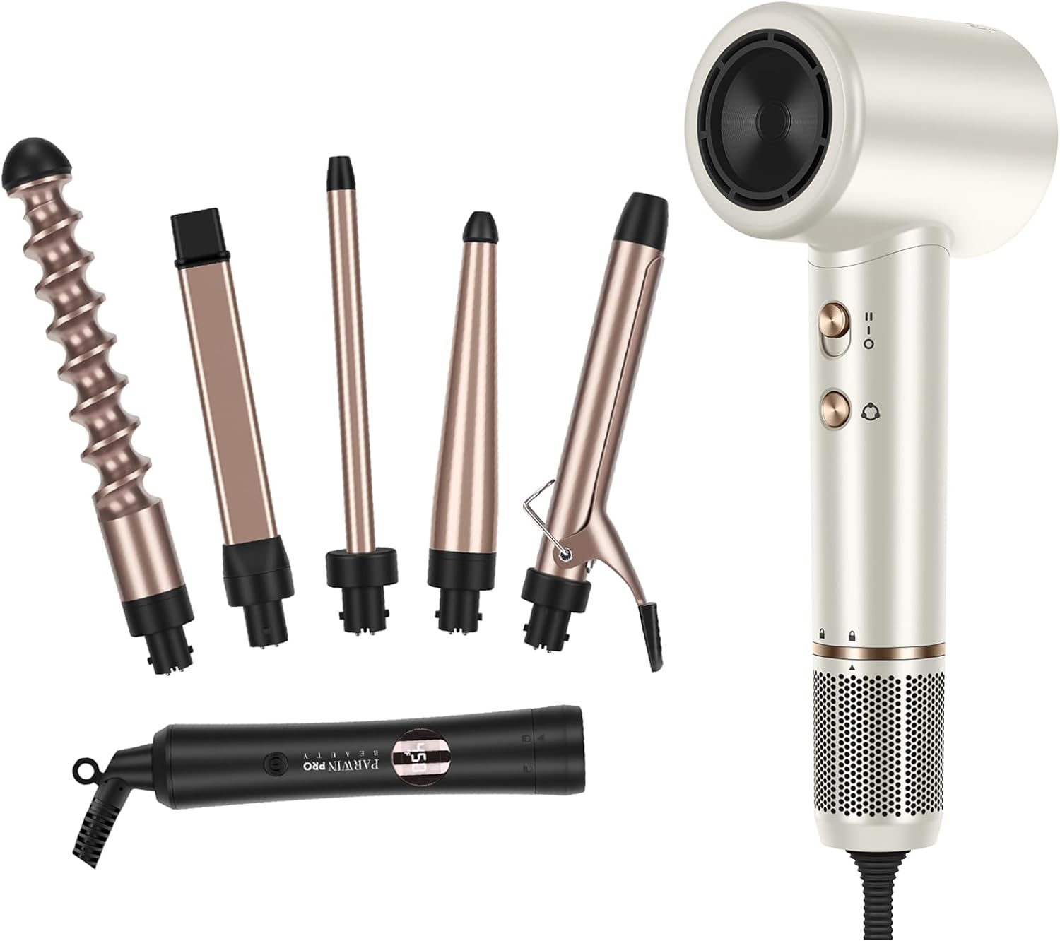 PARWIN PRO BEAUTY Professional 110, 000 RPM Air-Sonic Blow Dryer & 5 in 1 Curling Wands Set with 1 Extra Long 9