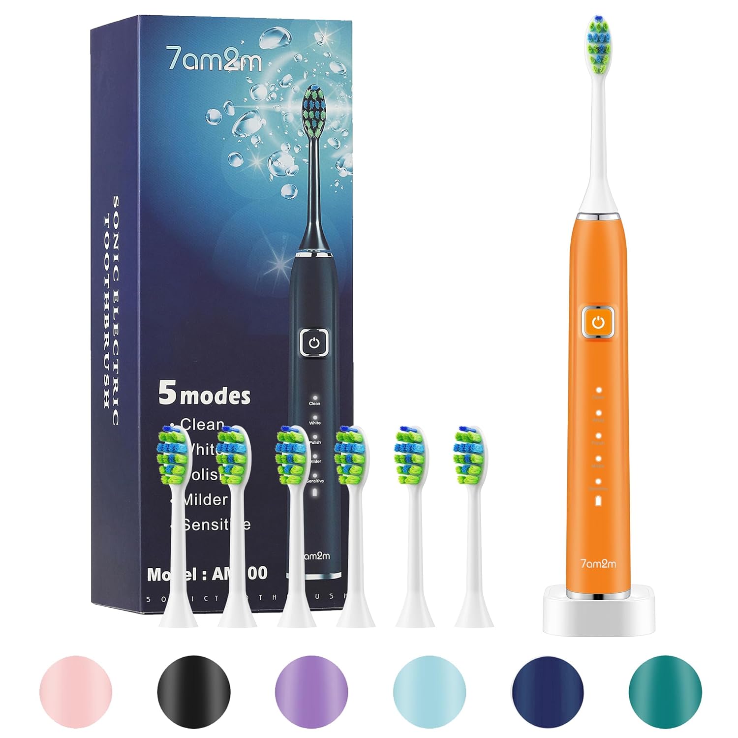 7AM2M Sonic Electric Toothbrush with 6 Brush Heads for Adults and Kids, One Charge for 90 Days, Wireless Fast Charge, 5 Modes with 2 Minutes Built in Smart Timer, Electric Toothbrushes(Orange)