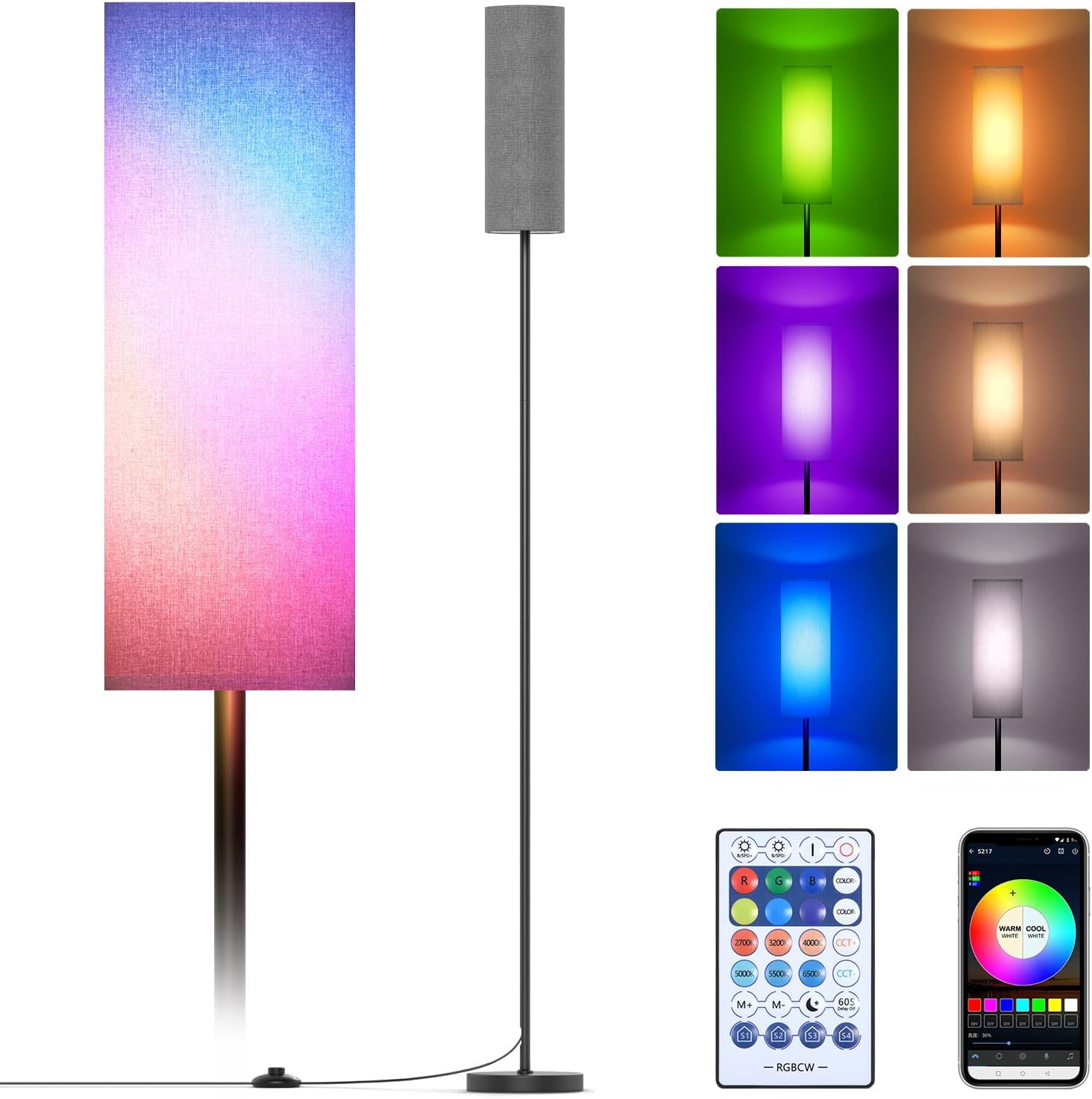 Floor Lamps for Living Room, Modern Floor Lamp with RGB LEDs Bulb,Dimmable Floor Lamp with App Control & Remote Control,Tall Reading Lamp for Bedroom, Living Room, Office,Gray Lampshade