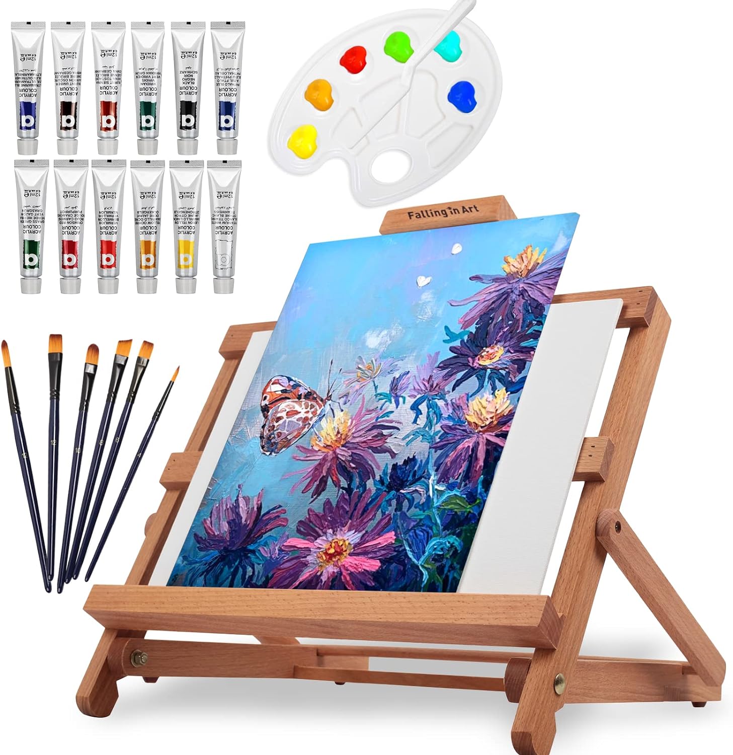 Falling in Art Adjustable Easel Set-Tabletop Easel Starter Kit with Acrylic Painting Sets, Canvas Panels, Brushes, Palette for Gifts