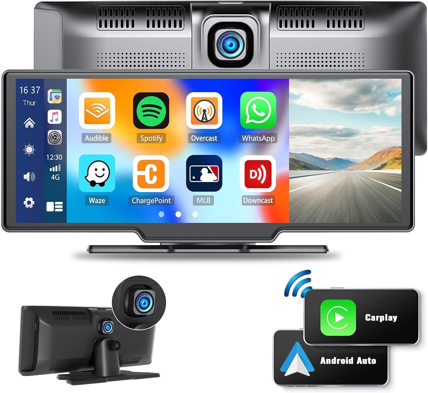 Camecho Wireless Carplay Screen, Portable Car Stereo with Bluetooth 9.3" HD Touchscreen Portable Radio with Dash Cam,Carplay & Android Auto, Voice Control FM/AUX Fit Car Trucks RVs