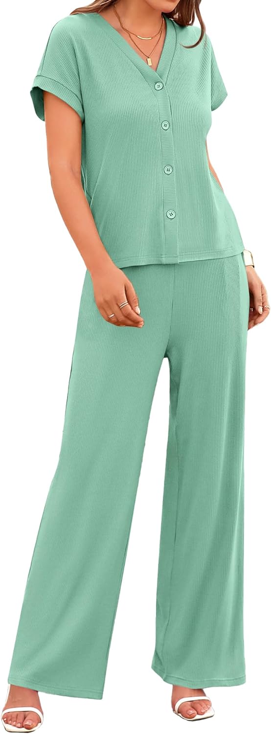 BTFBM Two Piece Sets For Women Summer Loose Ribbed Short Sleeve Button Down Shirt Wide Leg Pants Matching Lounge Sets