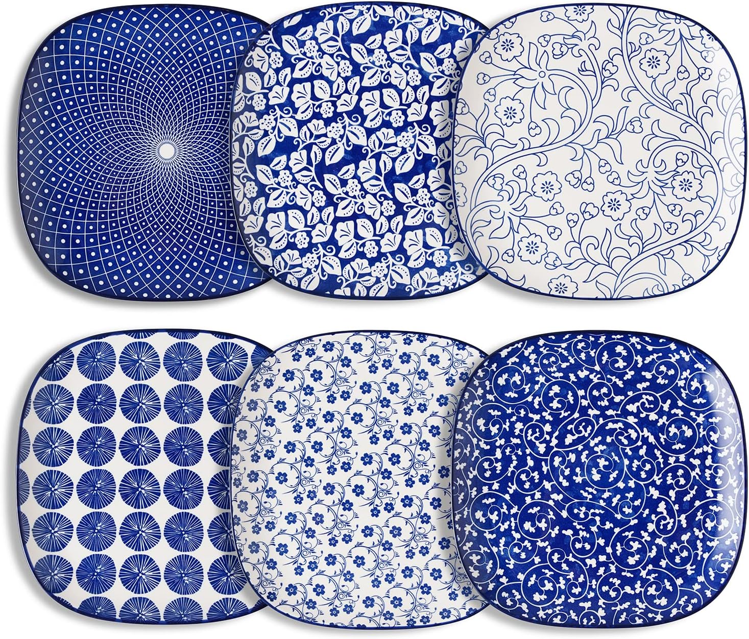 Selamica Porcelain Square Dessert Salad Pasta Steak Plates 10 inches ceramic plates set of 6 microwave/dishwasher/oven safe, Vintage Blue