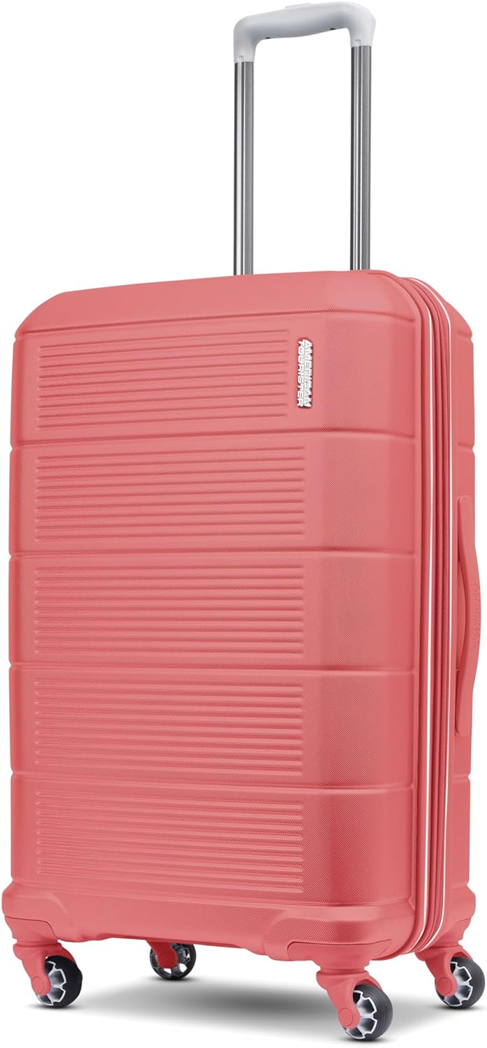 American Tourister Stratum 2.0 Expandable Hardside Luggage with Spinner Wheels, Soft Coral, 24-Inch Checked-Medium