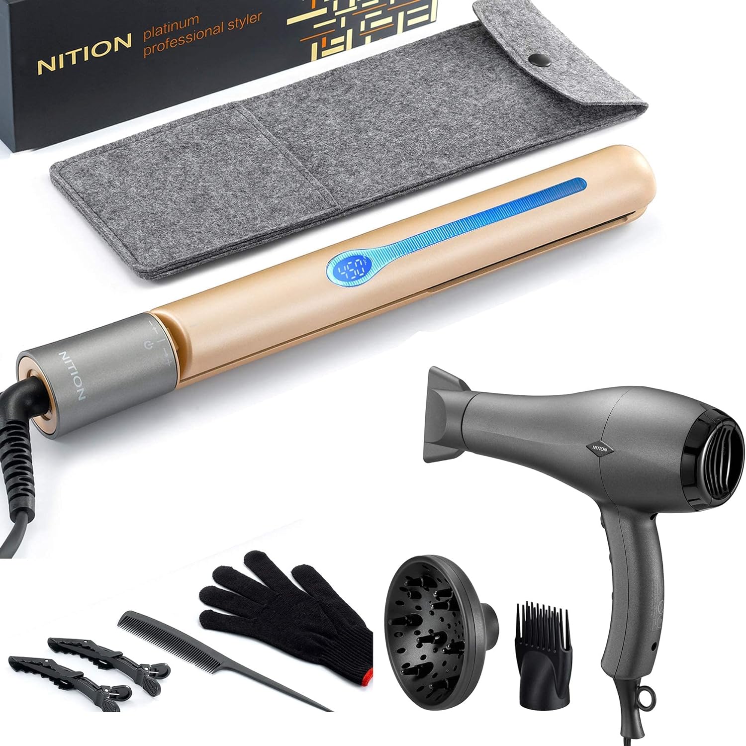 NITION Pro Salon Hair Straightener Flat Iron Gold and Black Hair Dryer with 3 Attachments Diffuser/Comb Set
