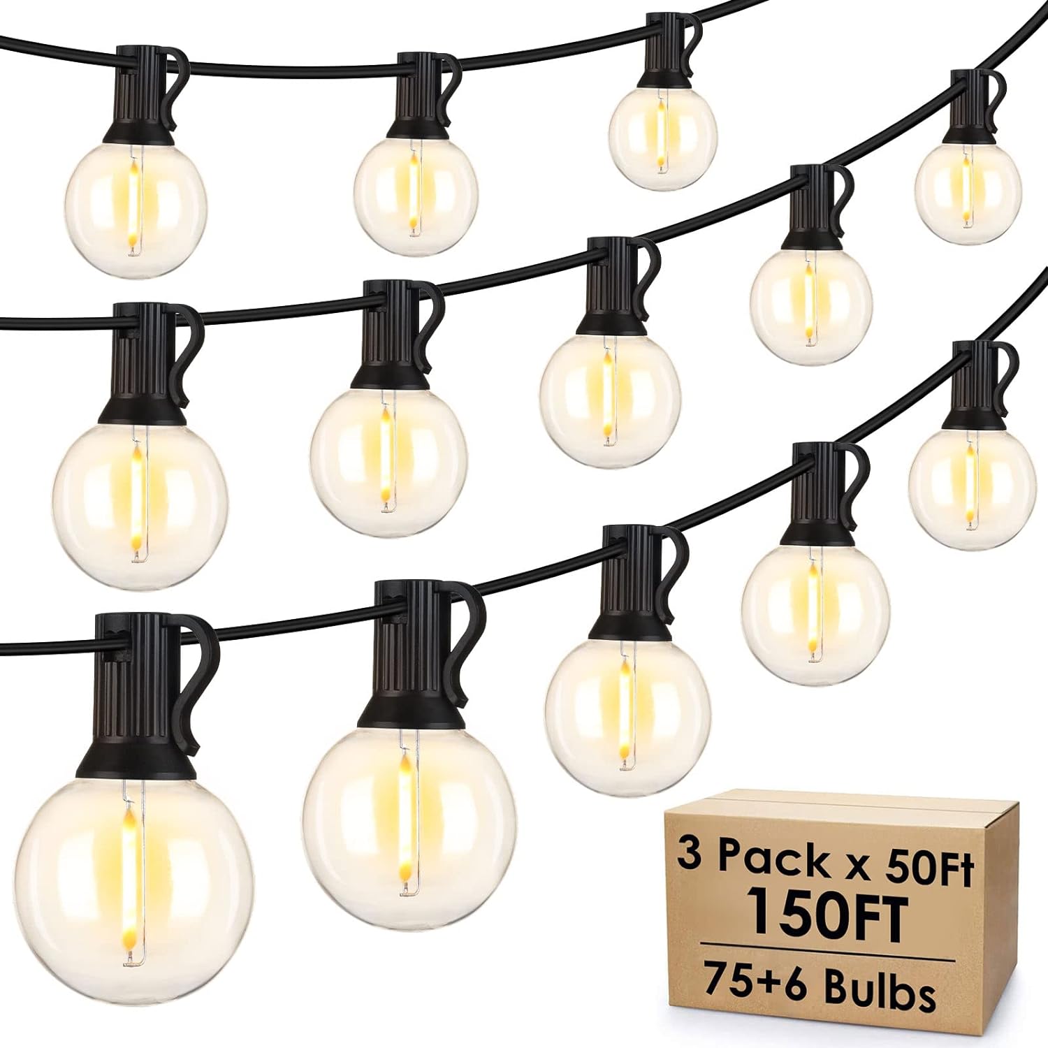 Mlambert 150Ft(3x50Ft) Outdoor String Lights G40 Globe Patio Lights with 75 6 LED Bulbs, Shatterproof Hanging Lights for Yard Porch Party-Black Wire