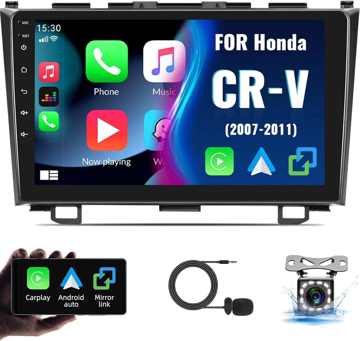 Car Stereo for Honda CRV 2007-2011 Car Radio,MP5 Player with Apple Carplay Android Auto Mirror Link, 9 Touch Screen Car Radio with Bluetooth Backup Camera FM SWC Dual USB Input